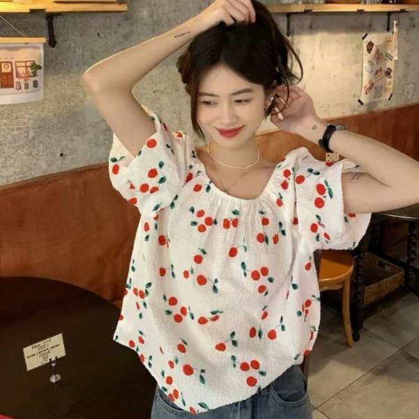 MCB19128 เสื้อเบลาส์ แขนสั้น คอเหลี่ยม น่ารักแบ๊วๆทรงหลวมสไตล์วินเทจ สําหรับผู้หญิง มี2สีขาวดำ Frees