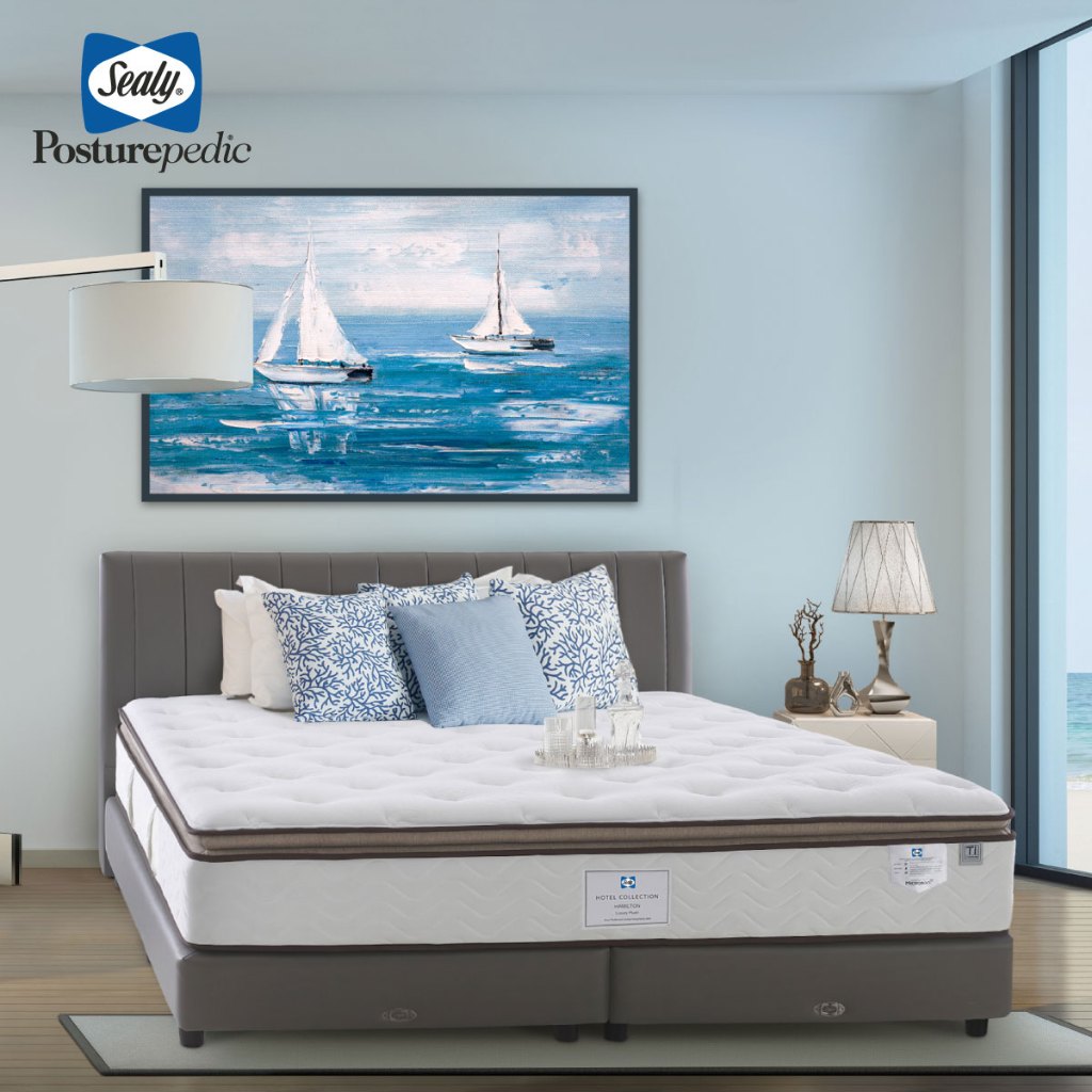 Sealy ที่นอนรุ่น Hamilton ขนาด 5 ฟุต พร้อมรับชุดเครื่องนอน Natural Blue และผลิตภัณฑ์บรรจุใยครบเซ็ท