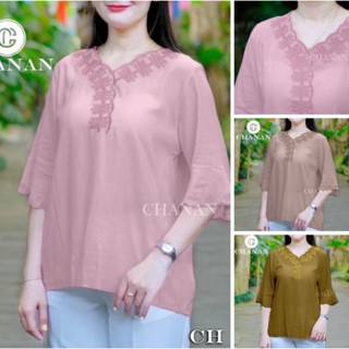 🔥Chanan☘️ เสื้อผ้าฝ้ายลินิน คอวีงานปัก แขนศอก เสื้อใส่ออกงาน…