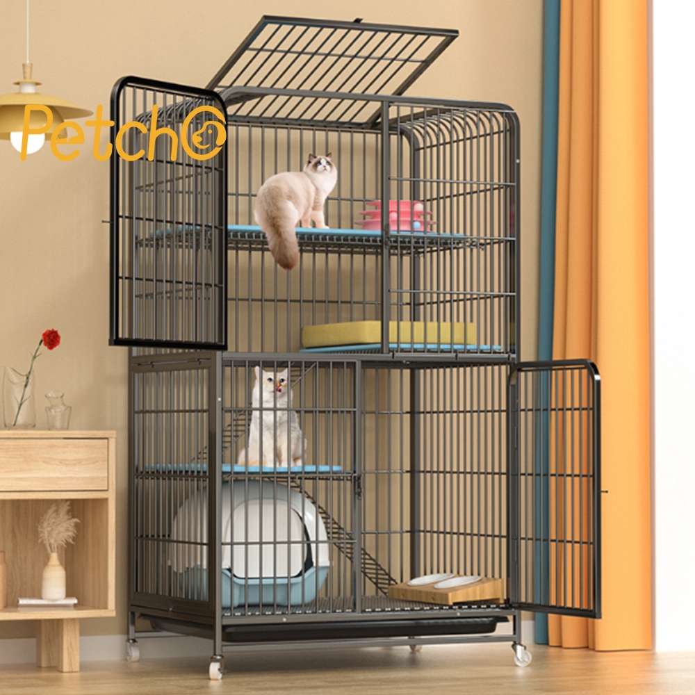 Petcho กรงแมวขนาดใหญ่ คอนโดแมว บ้านแมว กรงสัตว์เลี้ยง 2 ชั้น 3ชั้น 4ชั้น มีล้อและบันได สีดำและขาว