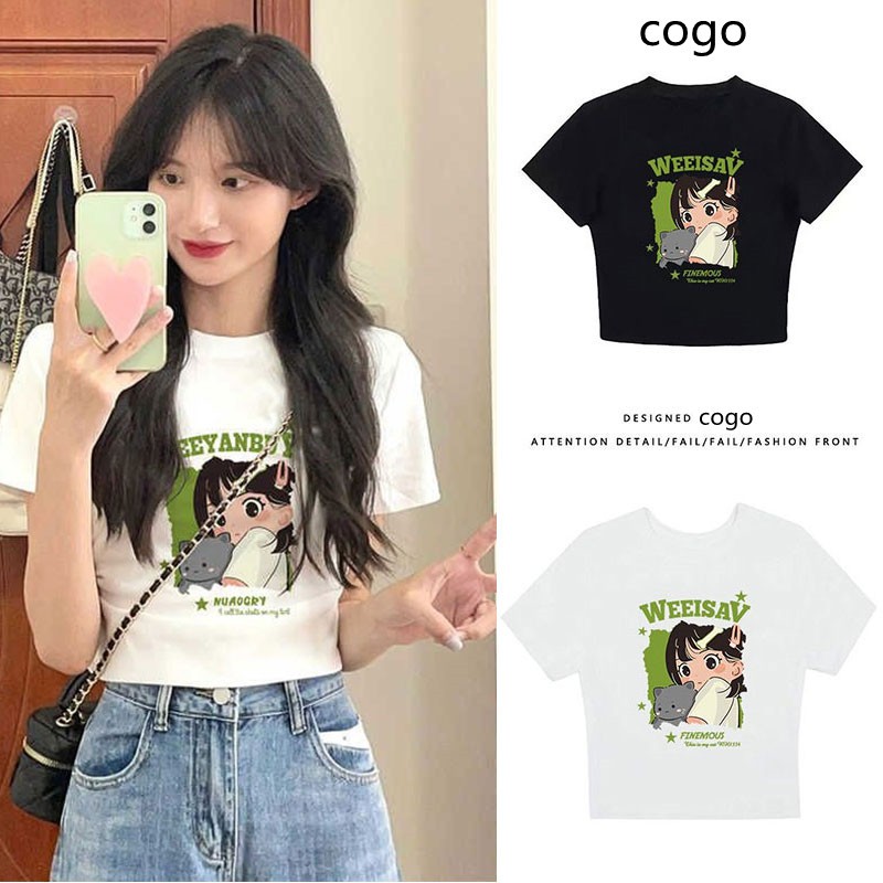 เสื้อท่อนบน🍒เสื้อยืดแขนสั้นสไตล์เรโทรอเมริกันสำหรับผู้หญิง ดีไซน์เฉพาะ สาวฮอตสาวร้อน เสื้อครอปรัดรูปสาวอวบ เอวลอยน่ารัก