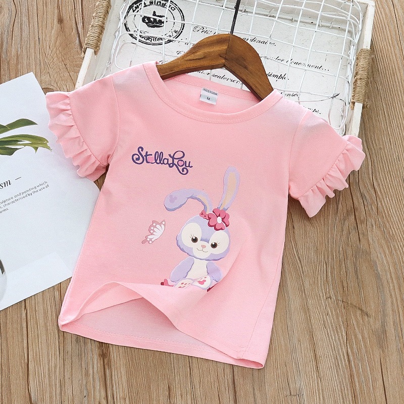 เสื้อยืดแขนสั้น สกรีนลายกระต่ายน่ารัก แฟชั่นเด็ก มีชายระบายที่เเขน สําหรับเด็กผู้หญิง ผ้าฝ้าย ไซส์90-130
