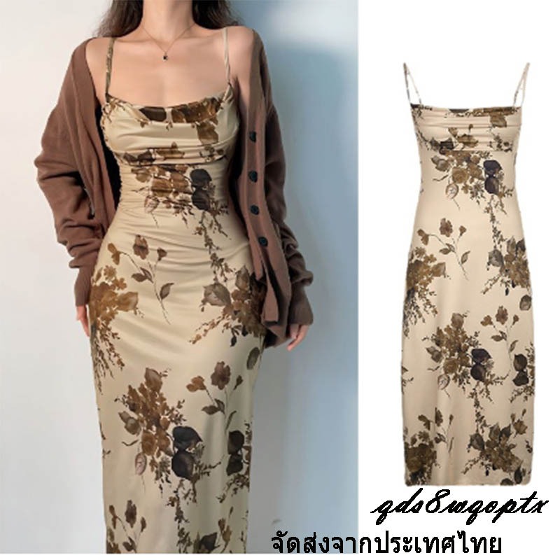 {COD&LOCAL}ชุดเดรสบอดี้คอน สายสปาเก็ตตี้ พิมพ์ลายดอกไม้ สําหรับผู้หญิง เหมาะกับฤดูร้อน