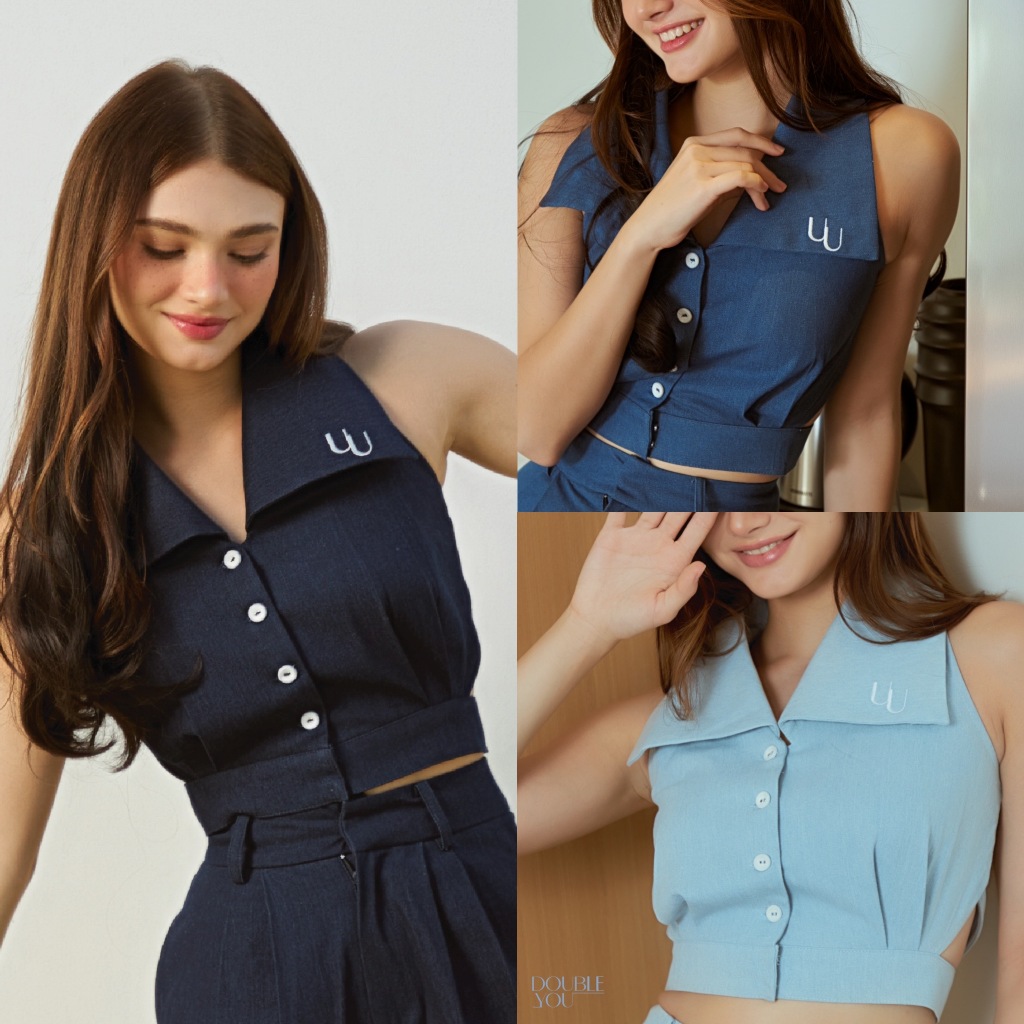 DOUBLEYOUU - Booboo! DENIM TOP เสื้อครอป แขนกุด คอปกกว้าง