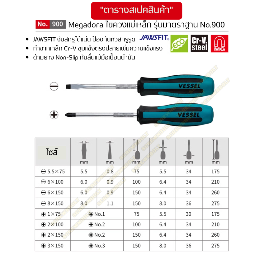 VESSEL ไขควง แม่เหล็ก Megadora ซีรีย์ 900 แฉก/ปากแบน กันลื่น ด้ามหนา/บาง/สั้น ปลายชุบแข็ง กันรูด  / Screwdriver - รูปที่ 4