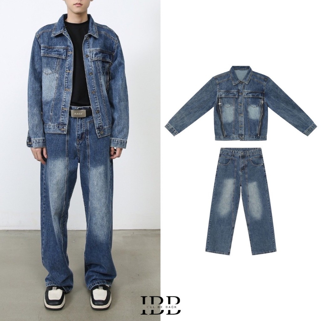 IBB DELTA DENIAM JACKET & PANTS เสื้อแจ็กเก็ตและกางเกงยีนส์ทรงกระบอกใหญ่เอวสูงผ้ายีนส์ฟอก
