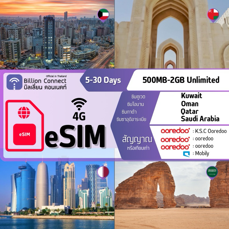 eSIM GULF 4 Regions [Kuwait Sim Card] 500MB-2GB Unlimited Daily สัญญาณ K.S.C Ooredoo : ซิมคูเวต 10-30 วัน