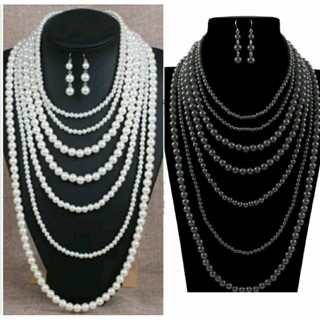 พร้อมส่ง💎ชุดสร้อยคอมุกเส้นยาว พร้อมต่างหู ไข่มุกขาว ไข่มุกดำ…