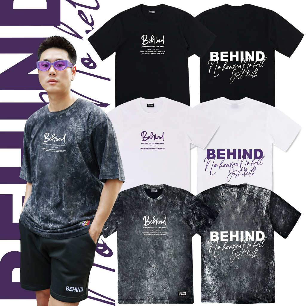BEHIND เสื้อยืด แขนสั้น “ NOHEAVEN NOHELL JUSTDEATH “ แนวสตรีท Oversize เสื้อยืดชาย หญิง