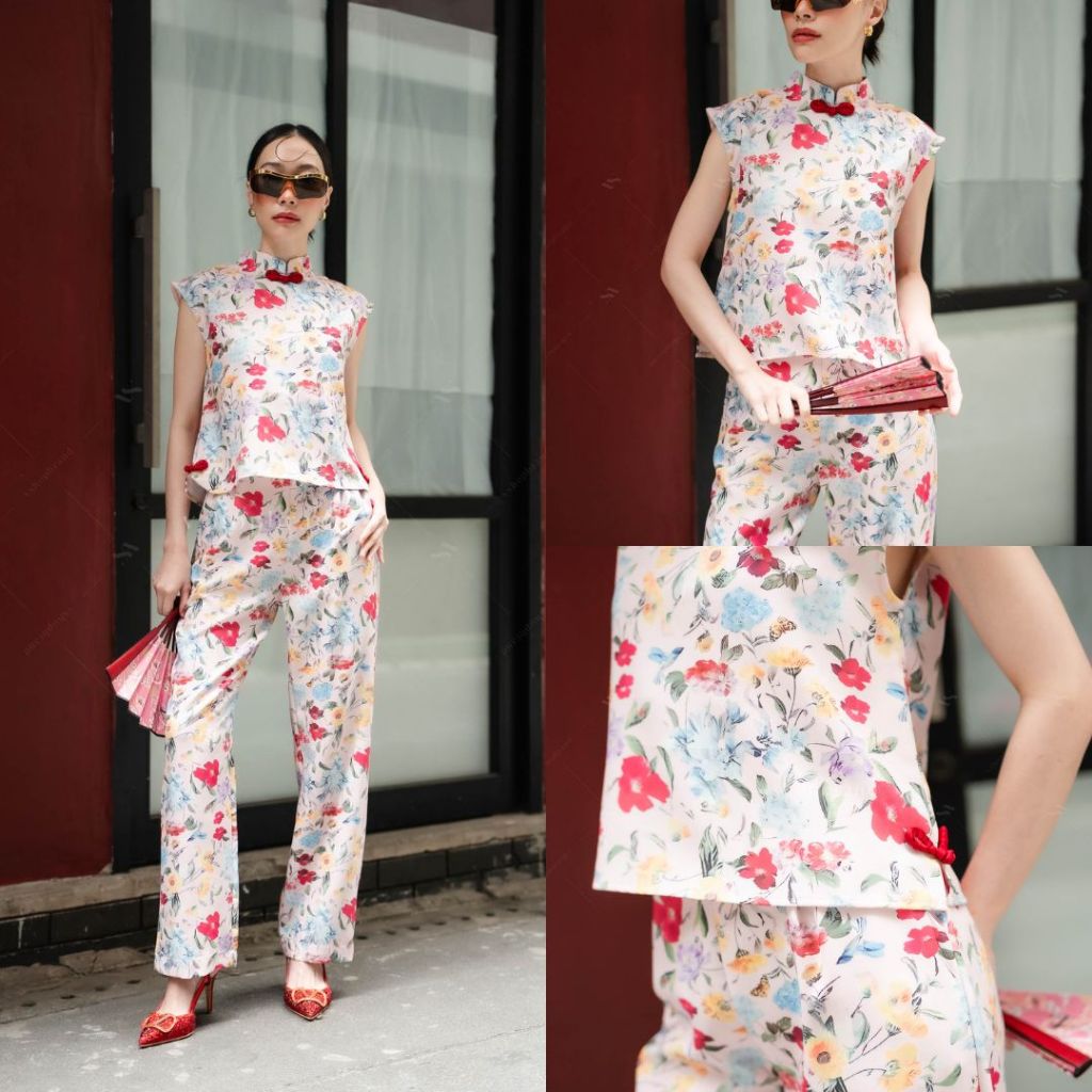 พร้อมส่ง ชุดเข้าเซทกี่เพ้า เสื้อแขนกุดลายดอก + กางเกงขายาว งานป้ายvshop ราคา ถูกที่สุด ดีลบีเคเค