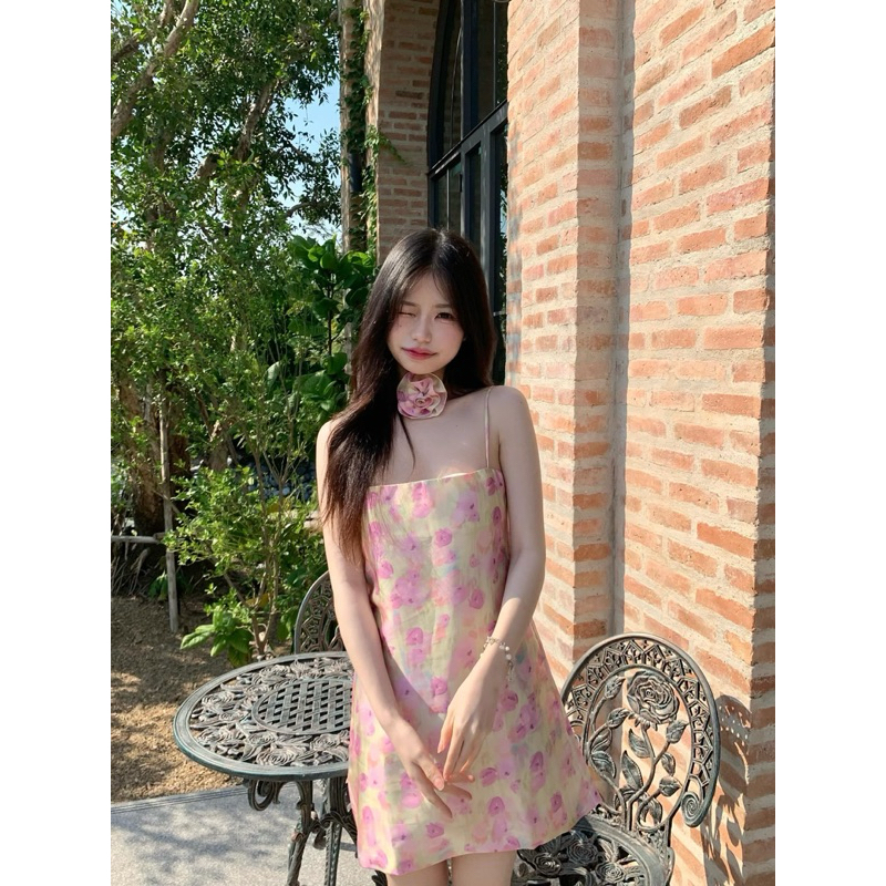 Sacha Flower dress- Yellow Pink  💖💓🌷🕊🍨✨เดรสสายเดียวทรงเขารูป มาพร้อมกับปลอกคอดอกไม้ค่ะ🌷💕✨ SC-F-YELLOW