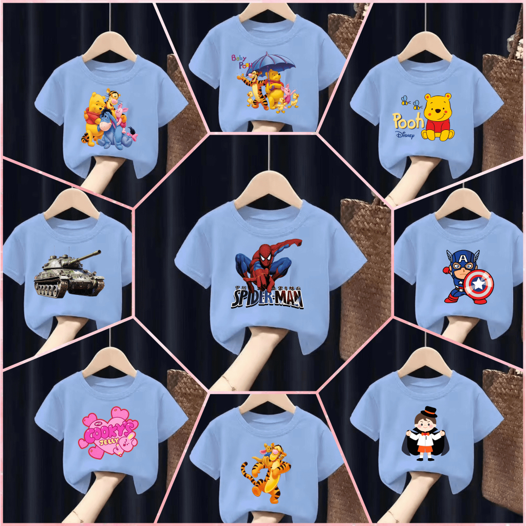 เสื้อยืดเด็กพิมพ์ลายการ์ตูนน่ารักๆๆๆ เนื้อผ้าฝ้าย "สีฟ้า" Pattern 97-108