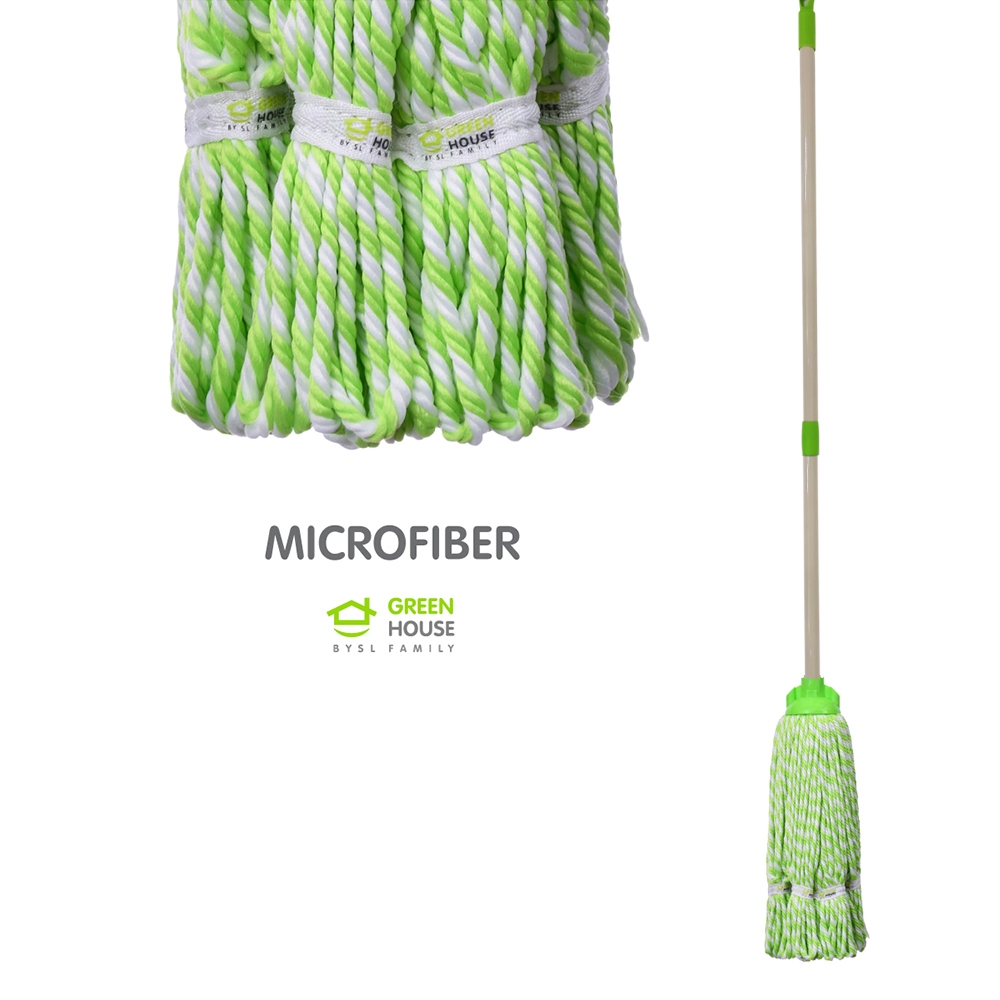 GreenHouse ม็อบจุกผ้าลายเย็บชายผ้า Microfiber (เขียว/ขาว) ด้ามยืดหดได้ 60 - 135 ซม.