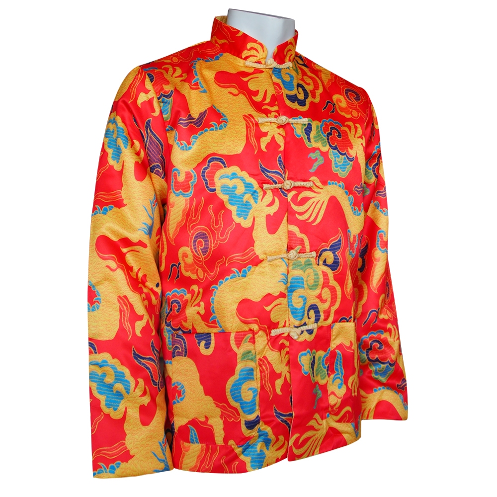 เสื้อตรุษจีนผู้ชายสีแดงสีกรมท่าทองปักลายมังกรในตัวสีสวยใส่ได้สองด้าน