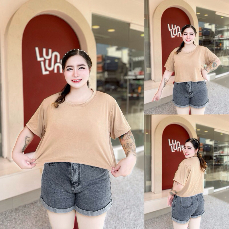 VM24 เสื้อครอปคอกลมสาวอวบ ผ้าทิ้งตัว ไม่ต้องรีด