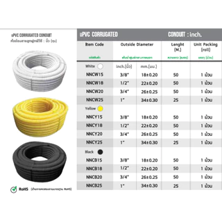 Nano ท่อลูกฟูก สีเหลือง ขนาด 3/8 " 1/2" 3/4" ม้วน 50 m ท่อย่น ท่ออ่อน