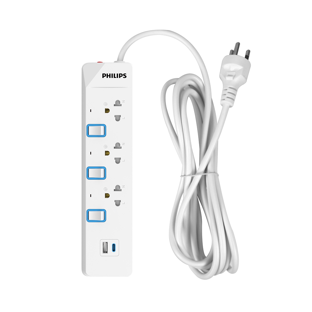 PHILIPS ปลั๊กไฟ 3ช่อง 3สวิสต์ 1USB-A 1USB-C 3M (CHP4734WB/67) 2Y (AC7-000935)