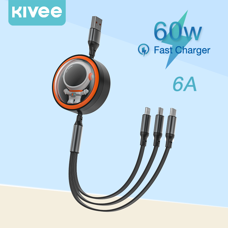 KIVEE PD 60W สายชาร์จเร็ว 6A 3 ใน 1 สายชาร์จแบบ Telescopic สำหรับแอปเปิ้ล Samsung Vivo
