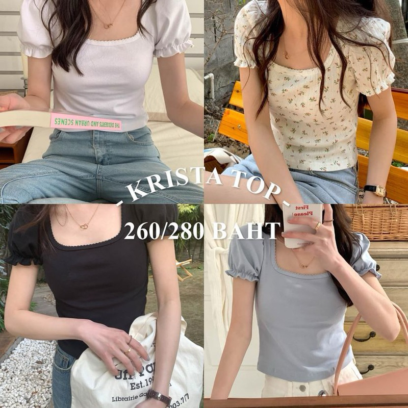 Chugar.Pie:Krista Top เสื้อแขนตุ๊กตา เสื้อแขนตุ๊กตาลายดอกไม้ เสื้อแขนตุ๊กตาสีขาว