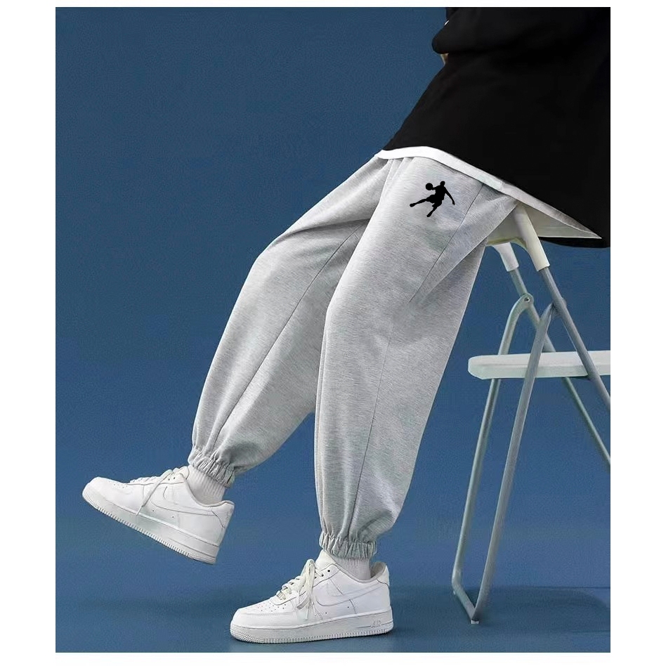 กางเกงวอร์มขายาวผู้ชายกางเกงลำลองทรงหลวมแบบหนาแบรนด์อินเทรนด์บาสเก็ตบอลสีเทาดำกางเก