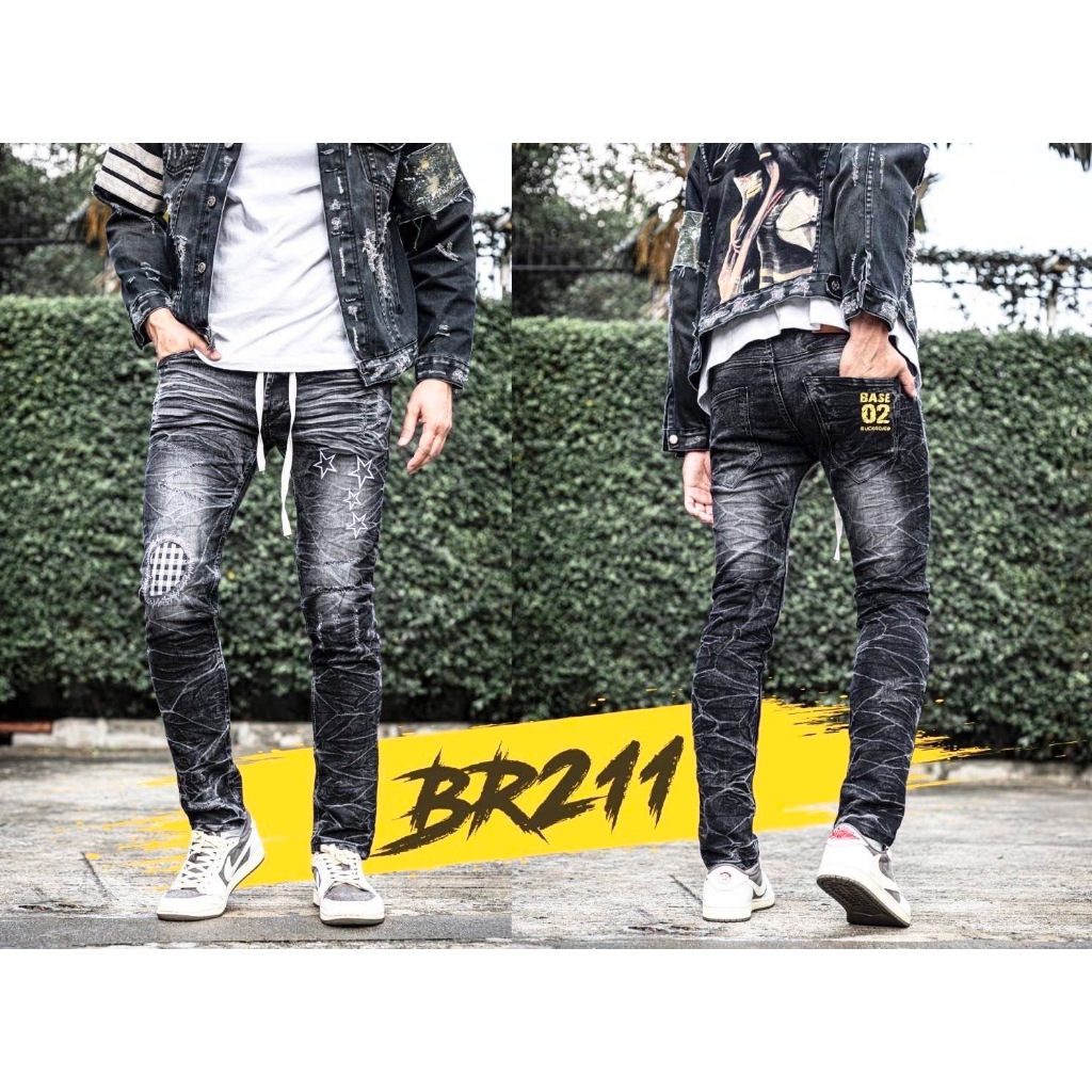 MTE กางเกงยีนส์ยืดขาเดฟสกีนนี่ผู้ชาย ยีนส์ สีเทาฟอกขัดด่าง แต่งขาด เป้ากระดุม รุ่น BR211  สินค้าพร้อ