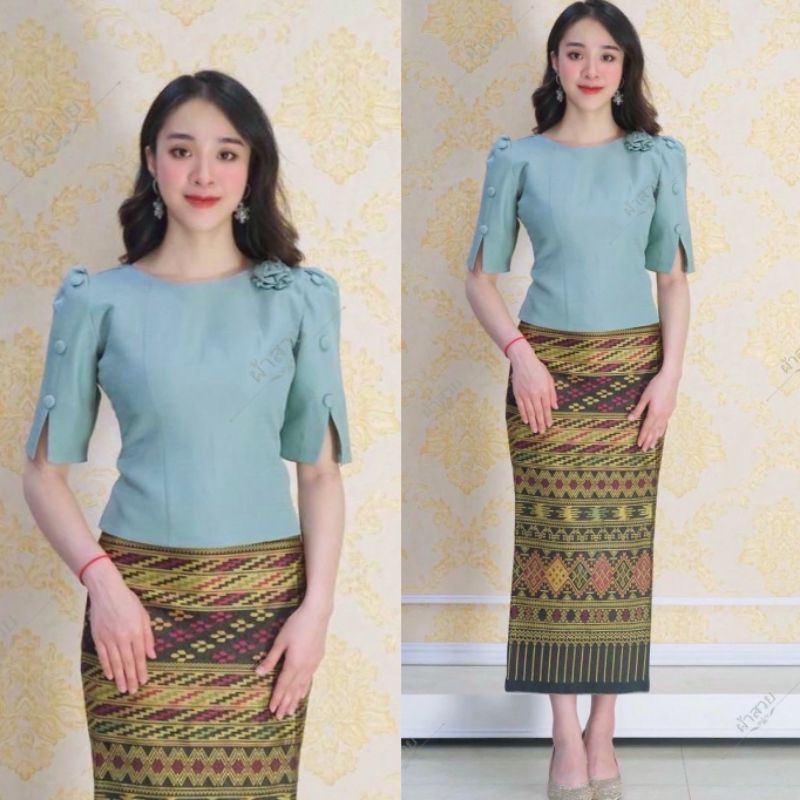 เสื้อไหมลาวอัดผ้ากาว รุ่นแขนผ่าข้าง แต่งกระดุม
