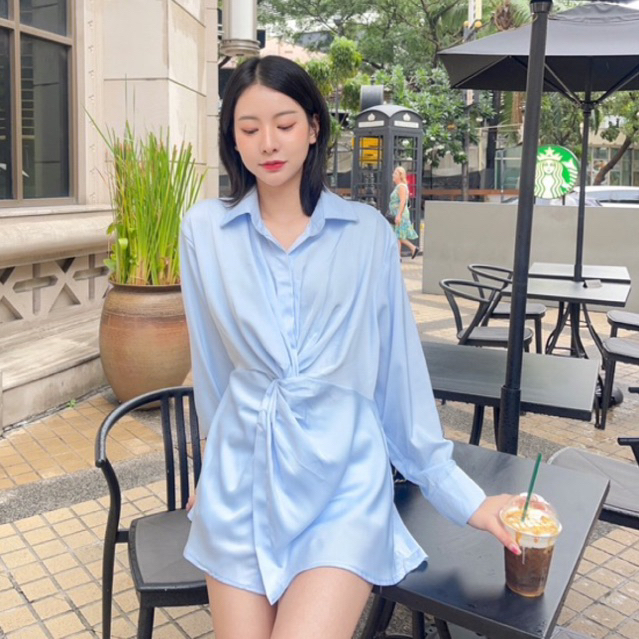 A45 เสื้อเชิ้ตสไตล์เกาหลี เอวไขว้ด้านหน้า ผ้าซิลด์ซาตินพรีเมี่ยม งานสั่งตัดสวยใส่สบาย ผ้าลื่นไม่ร้อน wanwan clothing