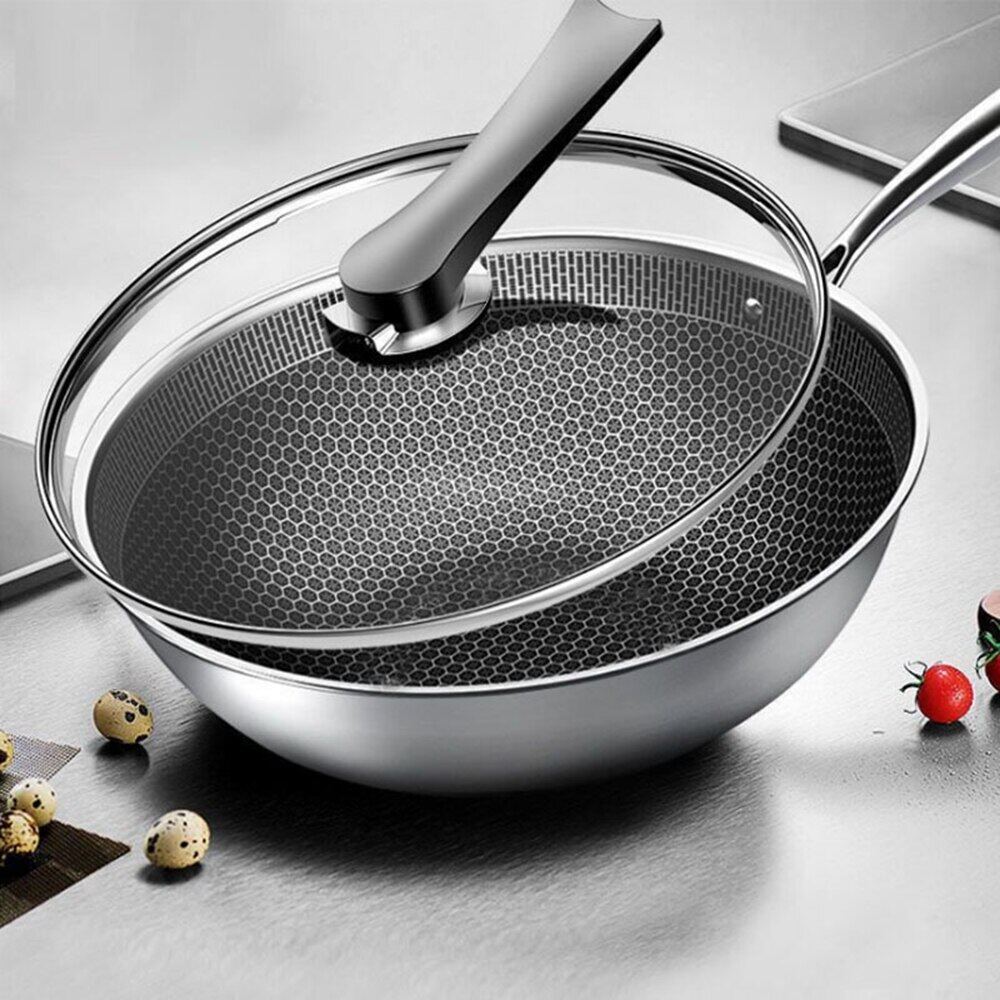 กระทะสเตนเลส รุ่น สแตนเลส 316 กระทะรังผึ้ง non stick พร้อมฝาปิด ขนาด36ซม.