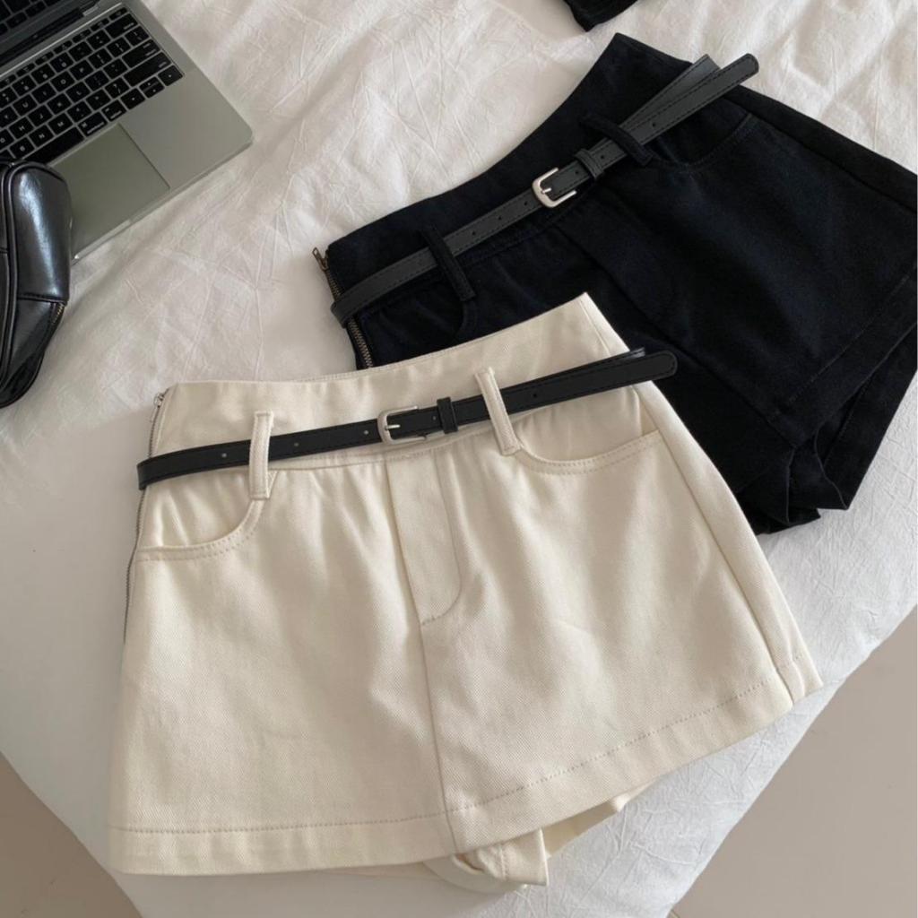 [ 7838 ] กระโปรงกางเกงผ้ายีนส์ไม่ยืด มีเข็มขัดเข้าเซ็ตให้ด้วย ดีเทลซิปด้านข้าง