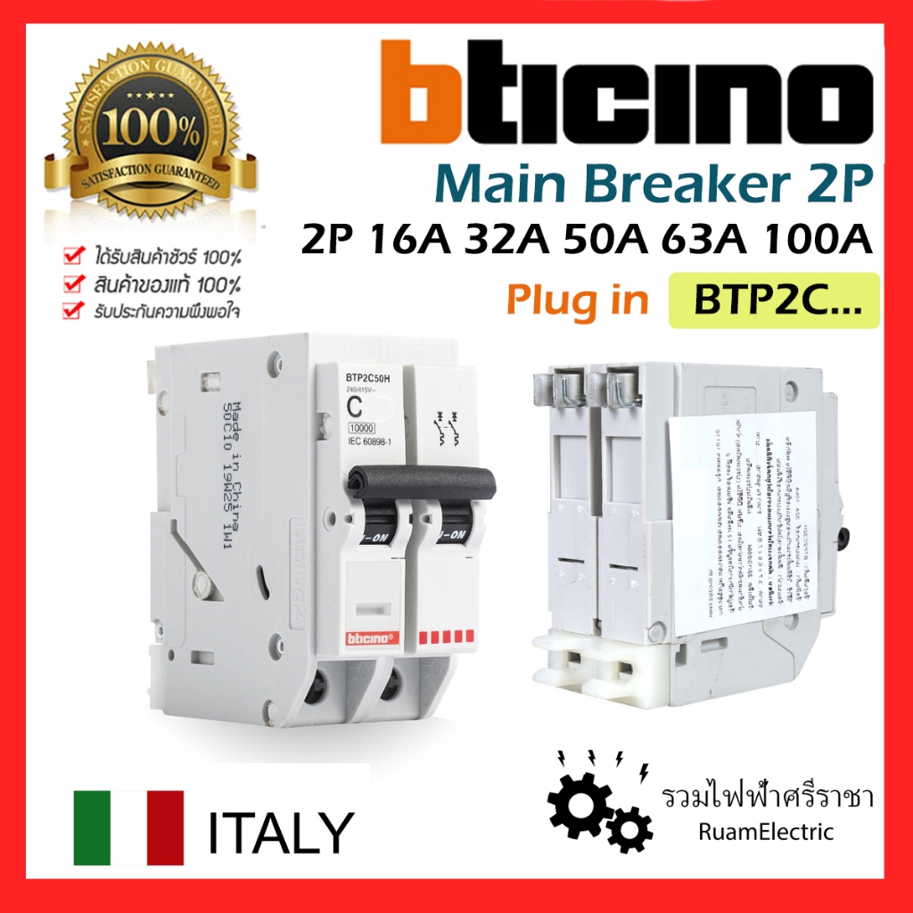 Bticino Main breaker 2P เมน เบรกเกอร์ ตู้คอนซูมเมอร์ 2 สาย เดียว BTP2C 16 32 50 63 A แอมป์ BTPLUG