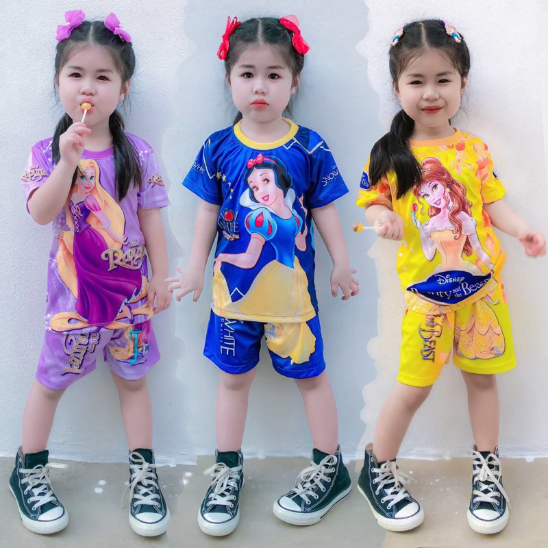 ชุดเซ็ทรุ่นเจ้าหญิง เสื้อแขนสั้น+กางเกงขาสั้น ชุดเด็ก ลายการ์ตูน ผ้าไมโครไฟเบอร์