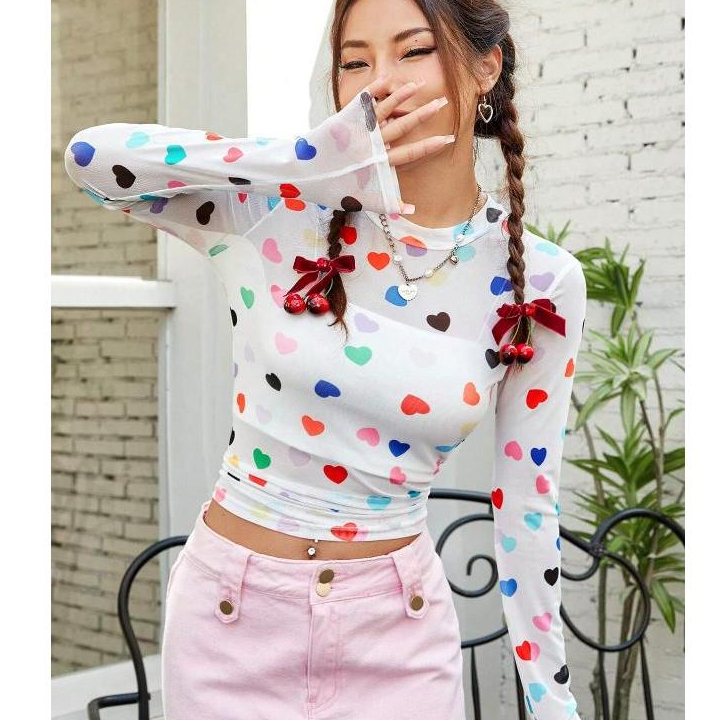 พร้อมส่ง เสื้อแขนยาว ลายหัวใจ สีขาว ผ้าซีทรู ผ้าโปร่ง ผ้าตาข่าย คอกลม No. sz2309281502538560
