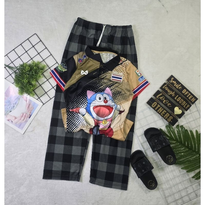 Lalanta vintage ชุดเซ็ทกางยาว ลายสก็อต เอวสม็อค มีเชือกผูก เสื้อกีฬา ฮิตมาก