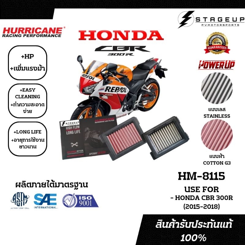 HURRICANE กรองอากาศ CBR300R โฉมปี 2015-2018 แต่ง เพิ่มแรงม้า ล้างได้  HM-8115