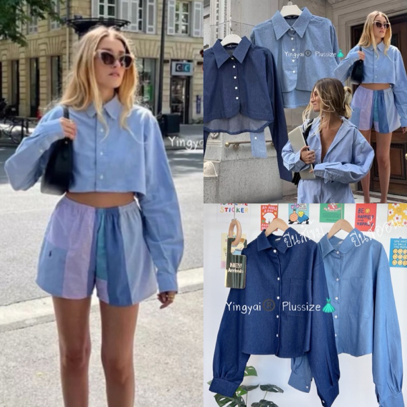 Denim shirt crop เชิ้ตแขนยาวผ้ายีนส์ ทรงครอปแต่งกระดุมหน้า ไซส์ใหญ่ YY