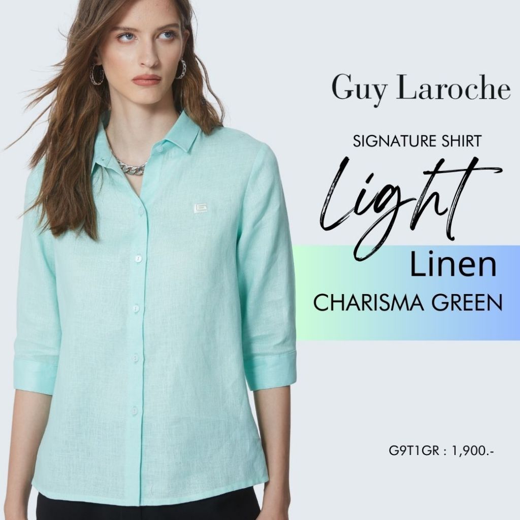 Guy Laroche เสื้อเชิ๊ตผู้หญิง ไลท์ ลินิน แขนสามส่วน สีเขียวมิ้นท์ (G9T1GR)