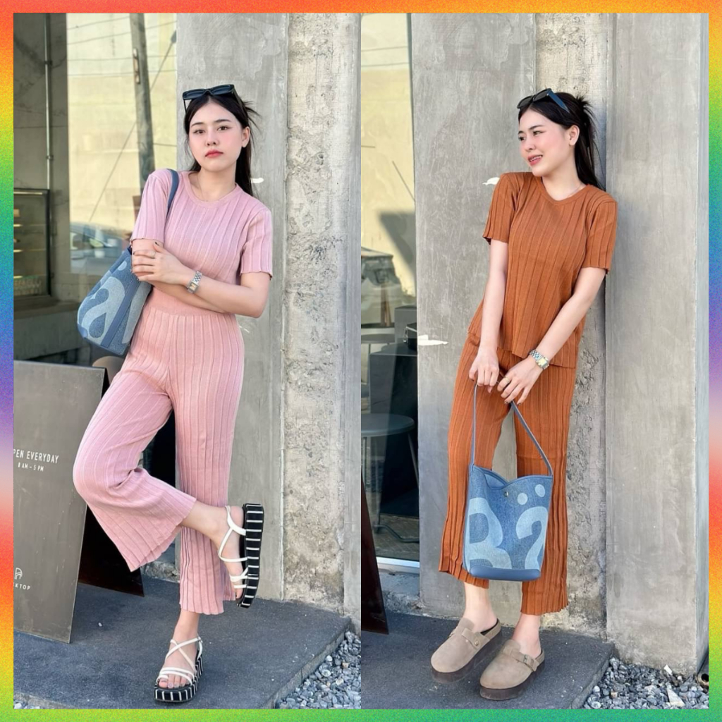 MesubShop ชุดเซ็ต 2 ชิ้น เสื้อแขนสั้น + กางเกงขายาวทรงกระบอก ผ้าไหมพรมร่องยืด สาวอวบใส่ได้ รุ่น ห่านฟ้า