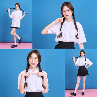 เสื้อนักศึกษาทรงบอย เสื้อนักศึกษาคอจีน ผ้าอ๊อกฟอร์ด-ผ้าคอมทวิว