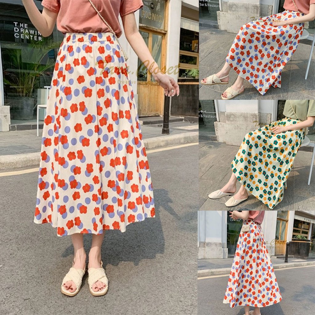 SI001 TARA Skirt กระโปรง ลายดอก 5 ส่วน มีซับใน สม็อกเอวรอบตัว ยางยืดได้เยอะ ดีไซร์เกาหลี งานสวยมาก ผ้าไหมอิตาลีอย่างดี ใส่สบาย ไม่ร้อน