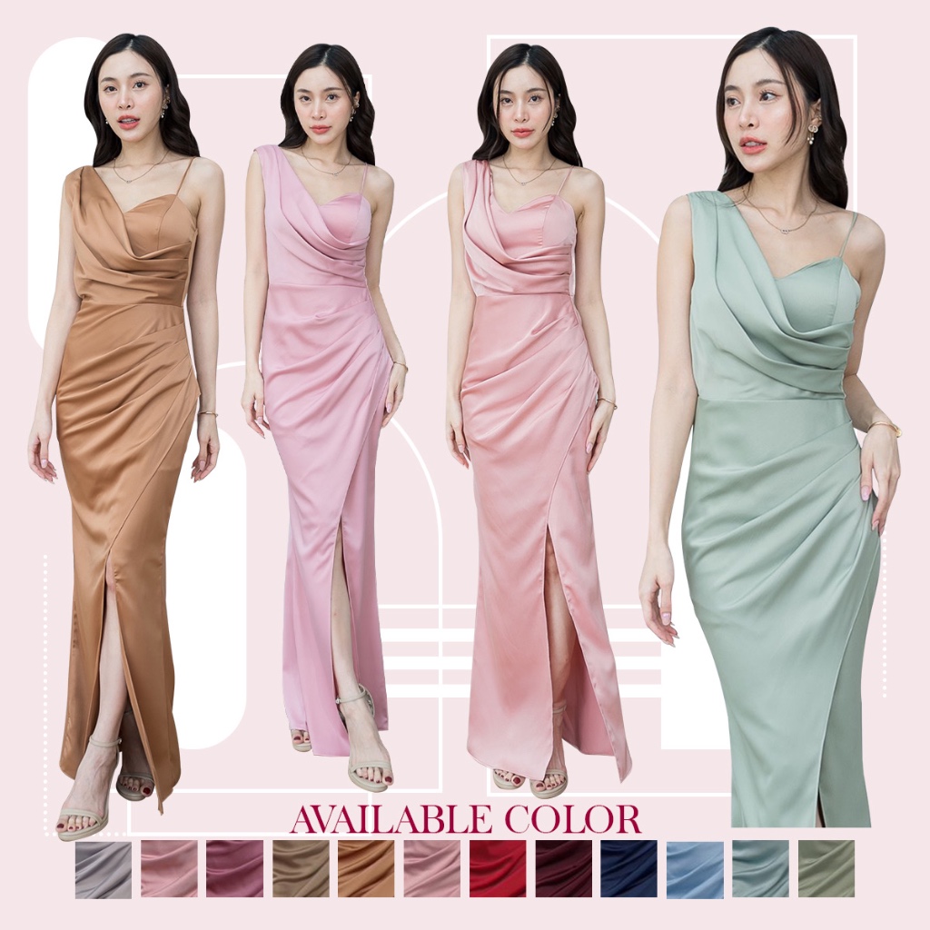 ชุดออกงาน ชุดเพื่อนเจ้าสาว koolykool กล้ามสายเดี่ยว1ข้าง คอถ่วง กปจีบยาว kk056