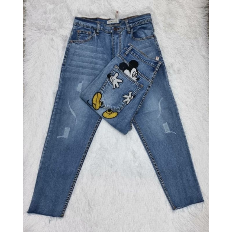 MD jeans กางเกงยีนส์ผ้ายืดปลายขาตัด ปักมิกกี้กระเป๋าหลัง ขา8ส่วน เอว34-44