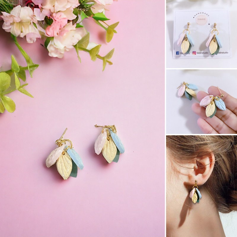 ต่างหูกลีบดอกไม้ห้อยตุ้งติ้ง Size 1 * 4 Cm. งานแฮนด์เมด น้ำหนักเบา โดนน้ำได้ สำหรับคนแพ้ง่ายใส่ได้