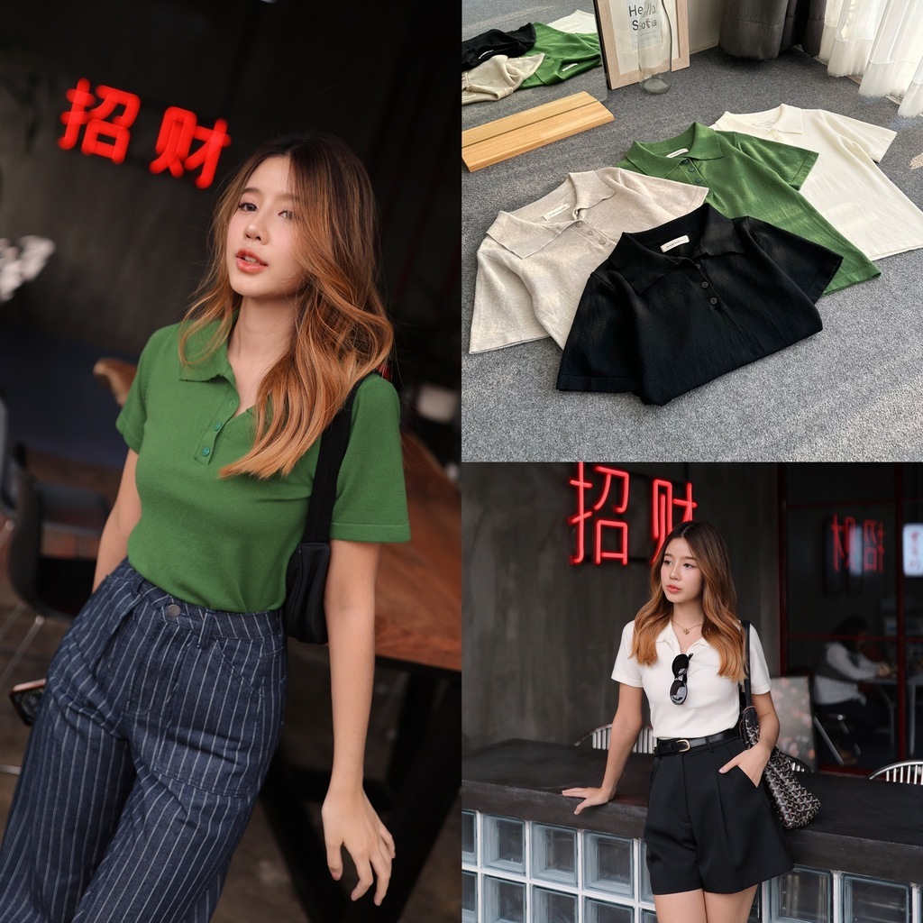 เสื้อนิตติ้งนุ่มปกโปโล มี 4 สี : สีเบจ , สีเขียว , สีขาวครีม , สีดำ