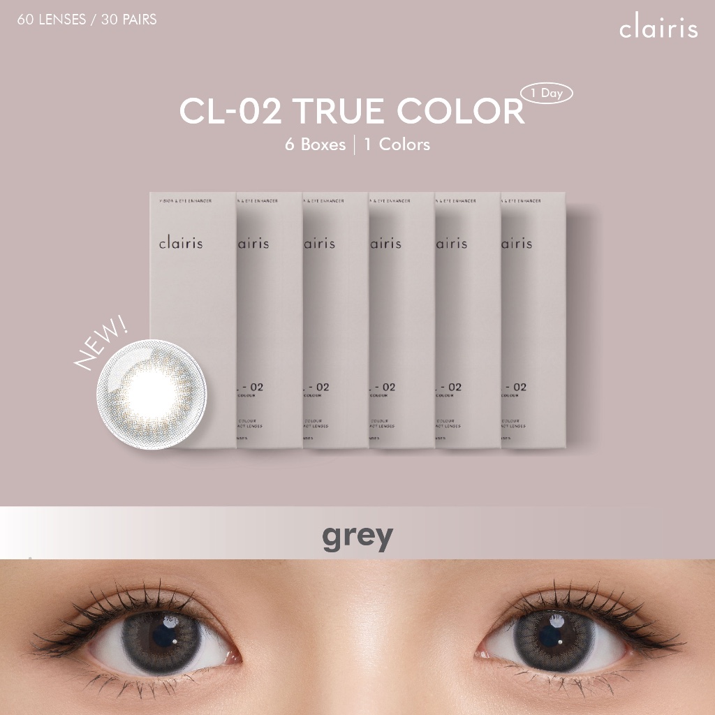 [เฉพาะ-1.50ขึ้นไปเเถม2กล่องคละสี](NEW)Clairis 1Day (เซ็ต 6 กล่อง 30 คู่) สี True Grey รุ่น CL-02 TRU