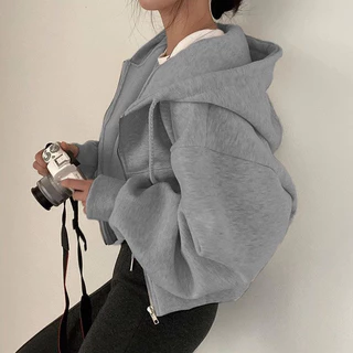 พร้อมส่ง🎀 เสื้อกันหนาวฮู้ด คลุมแขนยาว มีซิป เนื้อผ้านิ่ม ครอป