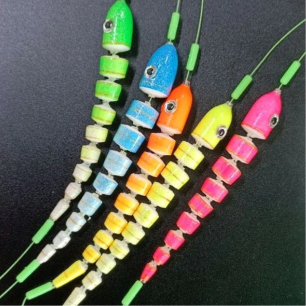 ทุ่นตกกุ้งทรงหนอน 9 ท่อน 15 ท่อน สีสดใส งานแฮนด์เมด มีแบบทุ่นเปล่าและแบบพร้อมตก