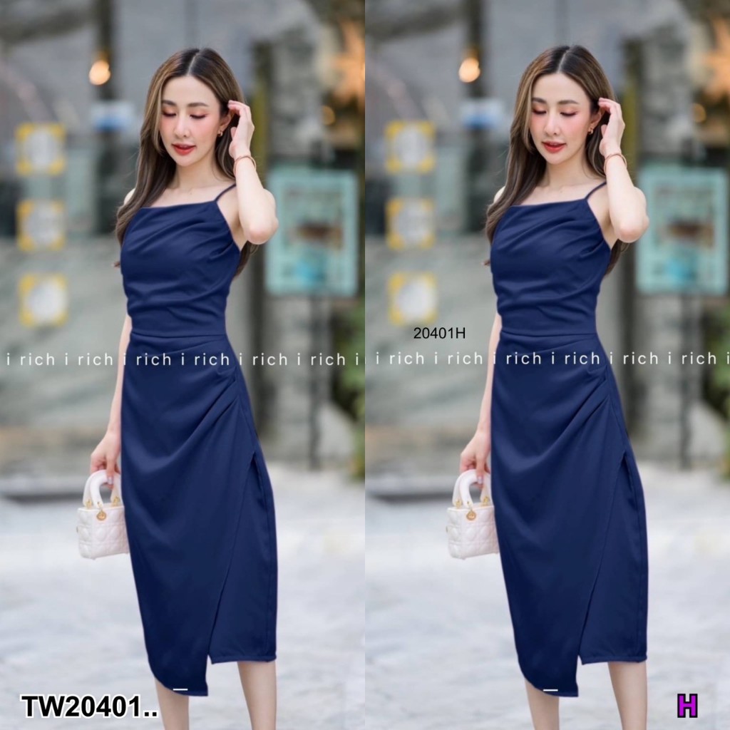 TwinsShopVip💗พร้อมส่ง TW20401 เดรสสายเดี่ยว ยาวคลุมเข่า เย็บจีบย่น .. - รูปที่ 3