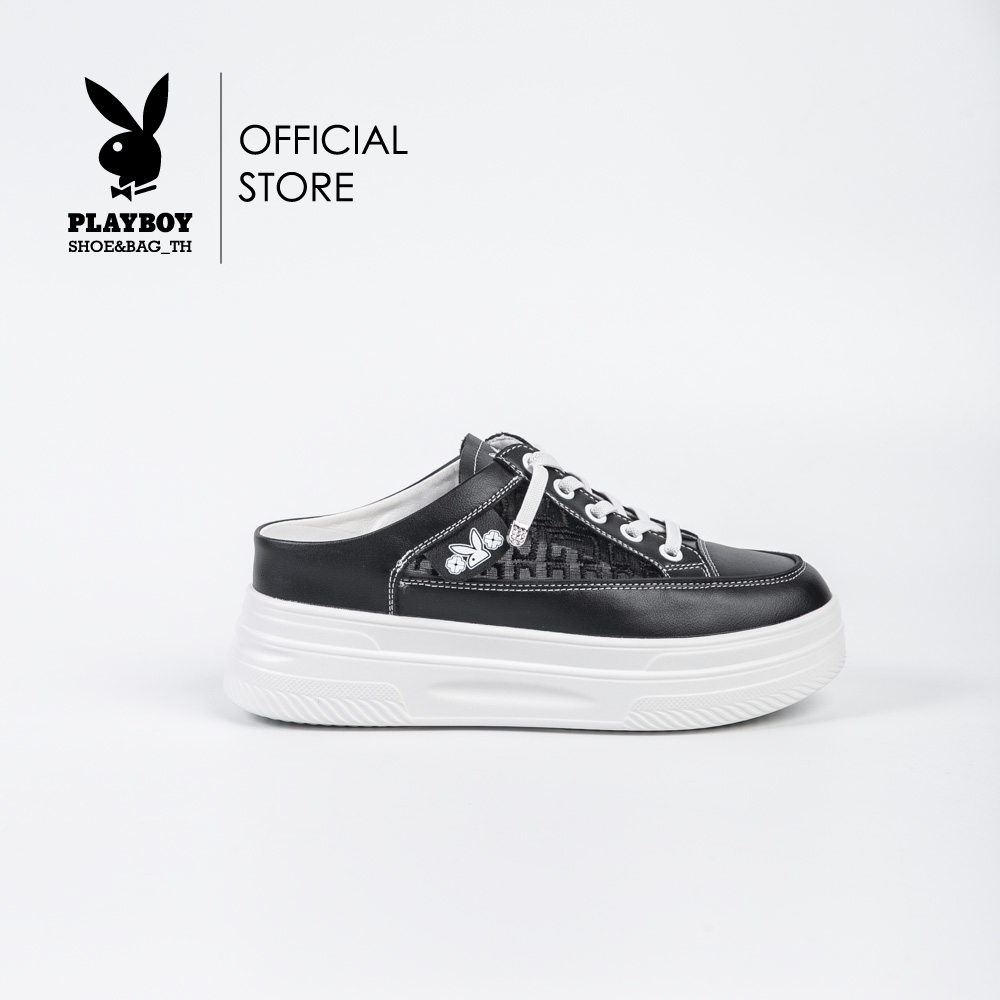 Playboy รองเท้าผ้าใบแบบเปิดส้น รุ่น ST-H241C1153 (ควร+1ไซส์) ดีไซน์ซีทรูลายแต่งป้ายโลโก้ มี2สี สีขาวและสีดำ