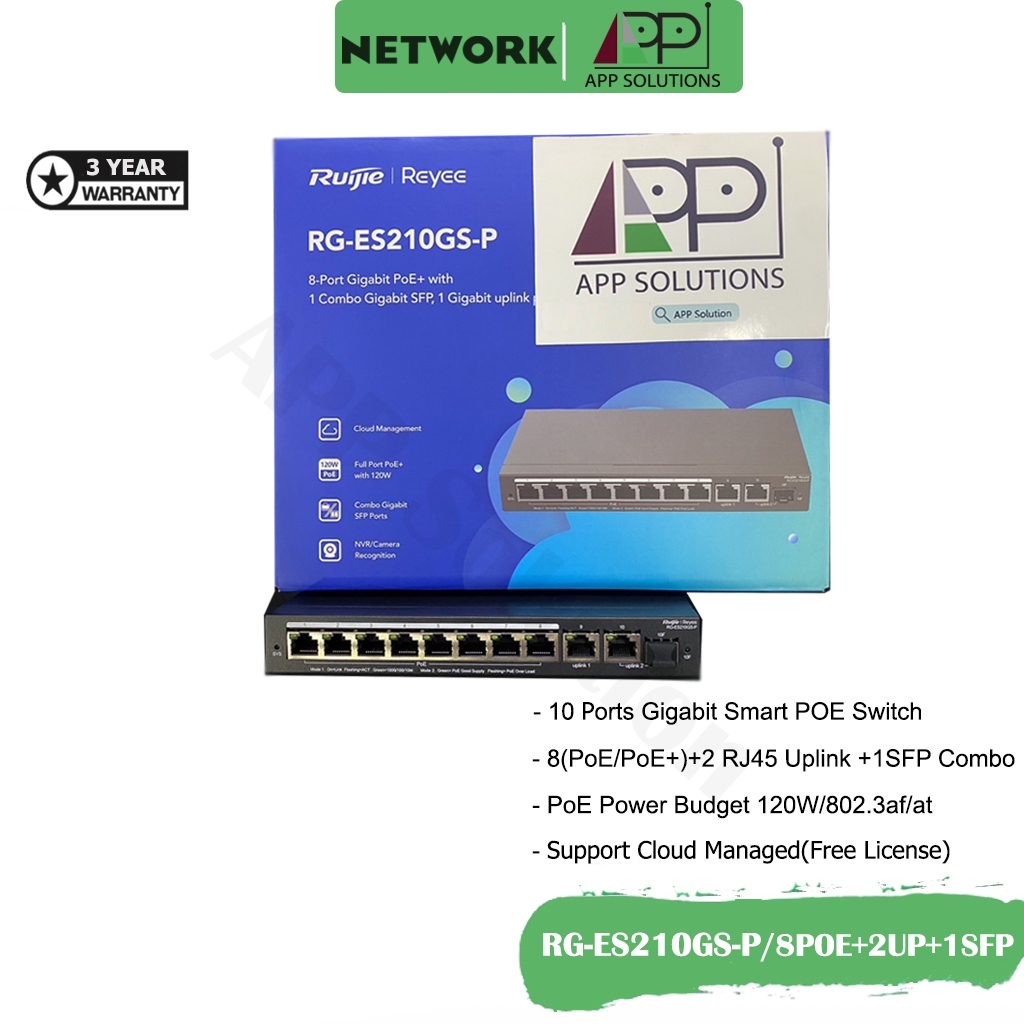 REYEE Switch(สวิตซ์ฮับ)Port Gigabit 8POE+2Uplink+1SFP รุ่นRG-ES210GS-P(ประกัน3ปี)