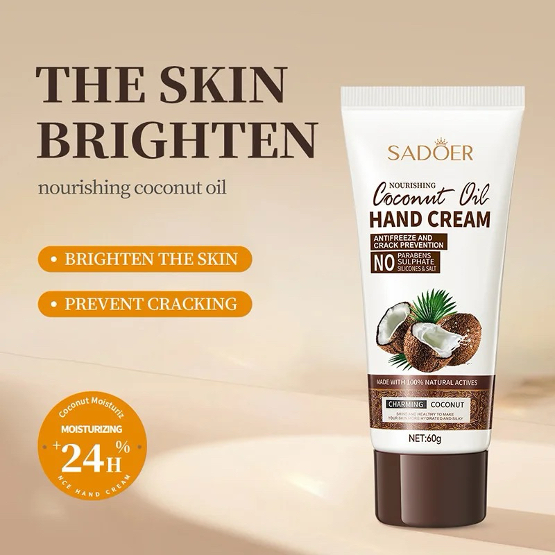 ครีมทามือ ครีมทาผิว น้ำมันมะพร้าว หลอด60g. Sadoer Coconut Oil Hand cream บำรุงผิวมือ ขาวเนียนนุ่ม ชุ่มชื้น N567